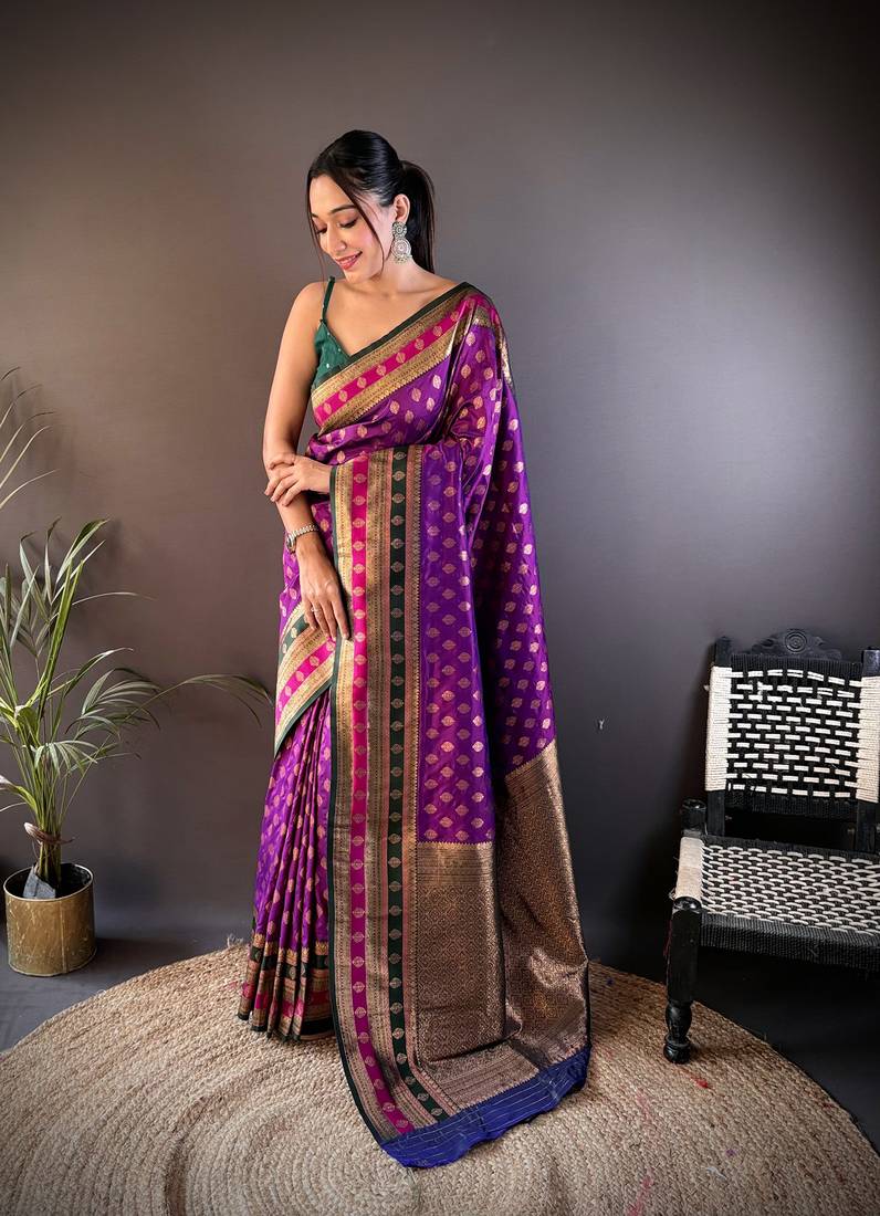 Elora soft silk butti zari weaving work banarasi saree(purple)