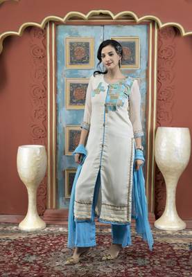 Cream embroidered georgette stitched straight cut trouser kurta & dupatta  3