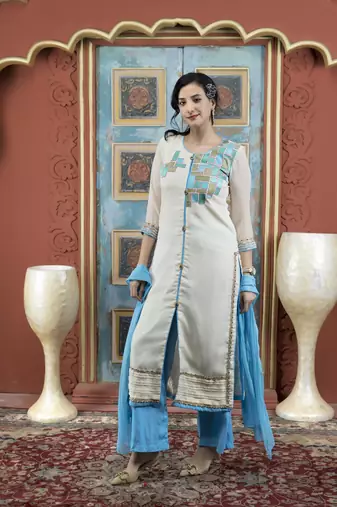 Cream embroidered georgette stitched straight cut trouser kurta & dupatta 