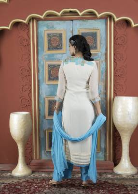 Cream embroidered georgette stitched straight cut trouser kurta & dupatta  4