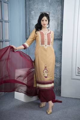 Beige embroidered cotton silk stitched straight cut trouser kurta & dupatta  1