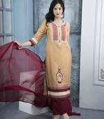 Beige embroidered cotton silk stitched straight cut trouser kurta & dupatta 