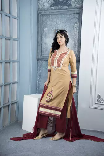 Beige embroidered cotton silk stitched straight cut trouser kurta & dupatta 