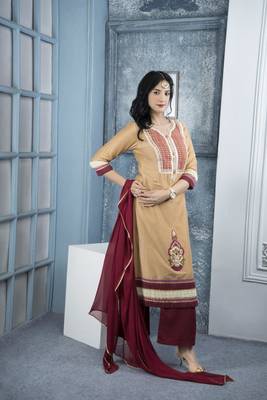 Beige embroidered cotton silk stitched straight cut trouser kurta & dupatta  3