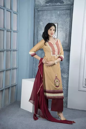 Beige embroidered cotton silk stitched straight cut trouser kurta & dupatta 