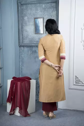 Beige embroidered cotton silk stitched straight cut trouser kurta & dupatta 
