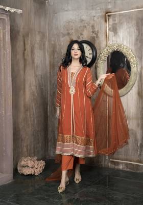 Orange embroidered georgette stitched a line trouser kurta & dupatta  1