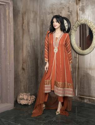 Orange embroidered georgette stitched a line trouser kurta & dupatta  2