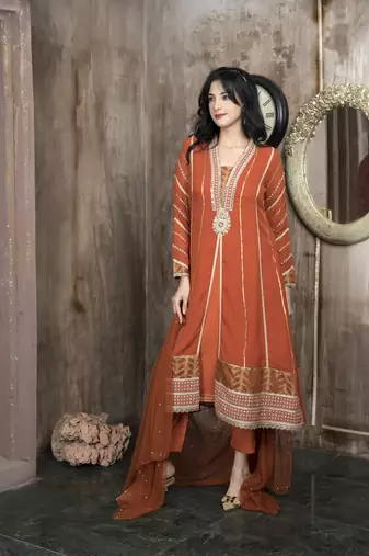 Orange embroidered georgette stitched a line trouser kurta & dupatta 