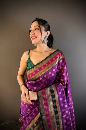 Elora soft silk butti zari weaving work banarasi saree(purple)