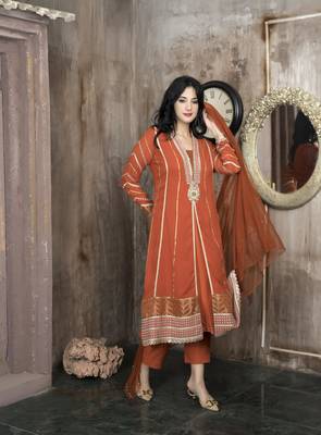 Orange embroidered georgette stitched a line trouser kurta & dupatta  3