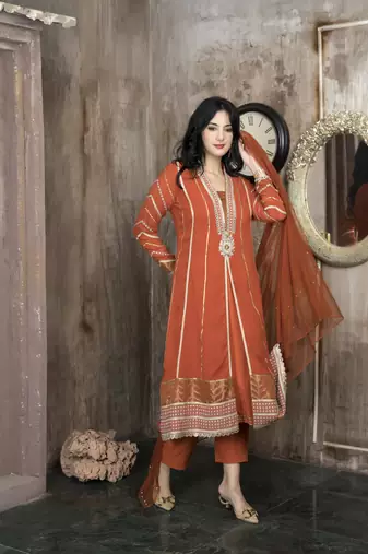 Orange embroidered georgette stitched a line trouser kurta & dupatta 