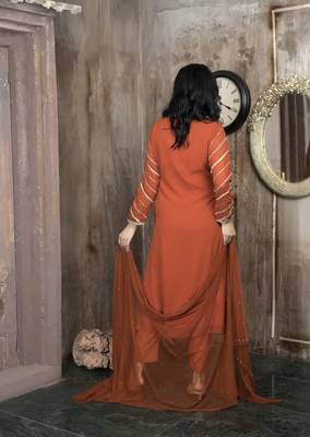 Orange embroidered georgette stitched a line trouser kurta & dupatta  4