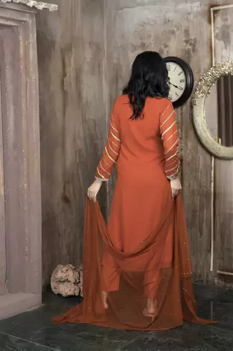Orange embroidered georgette stitched a line trouser kurta & dupatta 