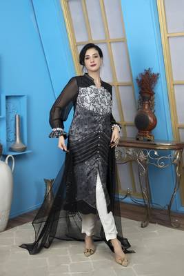 Black embroidered chanderi silk stitched a line trouser kurta & dupatta  1
