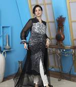 Black embroidered chanderi silk stitched a line trouser kurta & dupatta 
