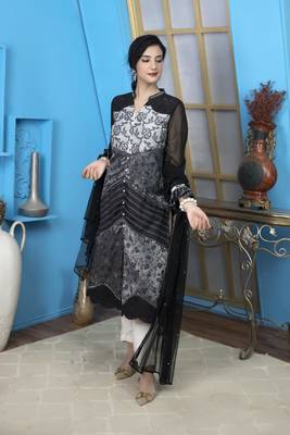 Black embroidered chanderi silk stitched a line trouser kurta & dupatta  2