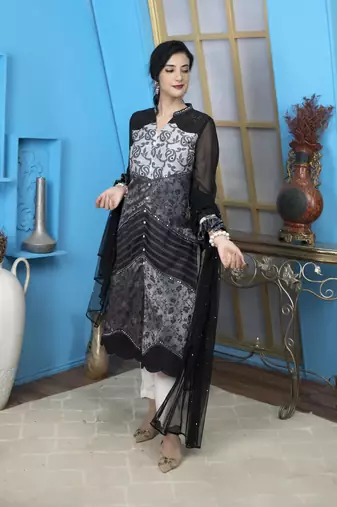 Black embroidered chanderi silk stitched a line trouser kurta & dupatta 
