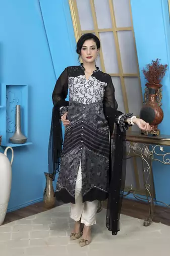 Black embroidered chanderi silk stitched a line trouser kurta & dupatta 