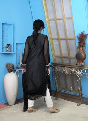 Black embroidered chanderi silk stitched a line trouser kurta & dupatta  4