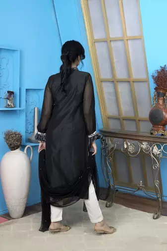 Black embroidered chanderi silk stitched a line trouser kurta & dupatta 
