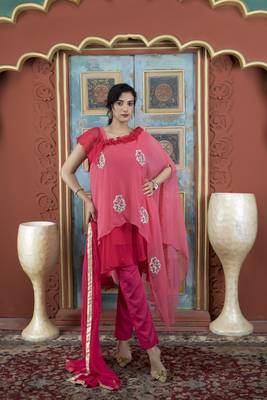 Light-pink embroidered georgette stitched asymmetrical trouser kurta & dupatta  1