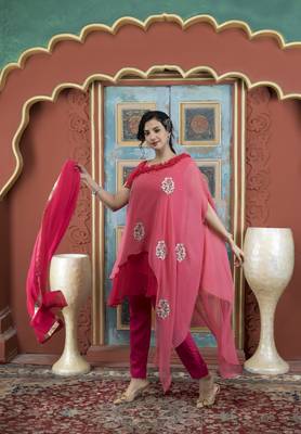 Light-pink embroidered georgette stitched asymmetrical trouser kurta & dupatta  2