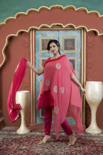 Light-pink embroidered georgette stitched asymmetrical trouser kurta & dupatta 