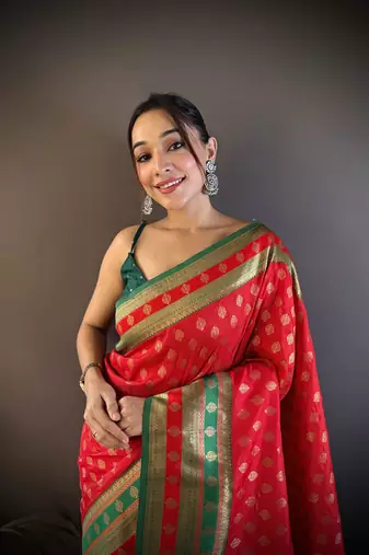 Elora soft silk butti zari weaving work banarasi saree(red)