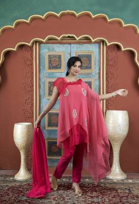 Light-pink embroidered georgette stitched asymmetrical trouser kurta & dupatta  3