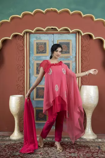 Light-pink embroidered georgette stitched asymmetrical trouser kurta & dupatta 