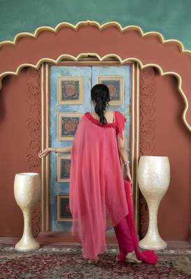 Light-pink embroidered georgette stitched asymmetrical trouser kurta & dupatta  4