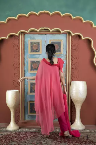 Light-pink embroidered georgette stitched asymmetrical trouser kurta & dupatta 