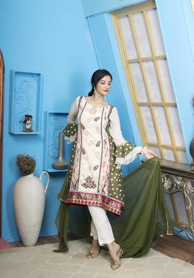 Cream embroidered georgette stitched a line trouser kurta & dupatta  1