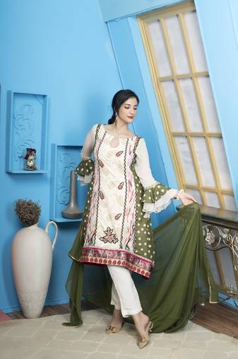 Cream embroidered georgette stitched a line trouser kurta & dupatta 