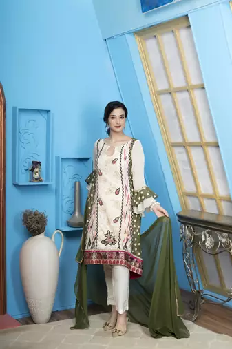 Cream embroidered georgette stitched a line trouser kurta & dupatta 
