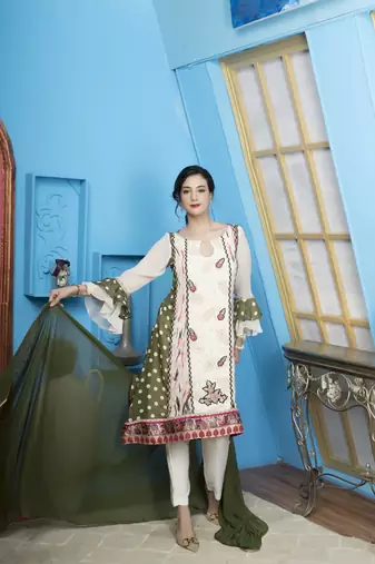 Cream embroidered georgette stitched a line trouser kurta & dupatta 