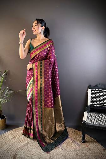 Elora soft silk butti zari weaving work banarasi saree(magenta)