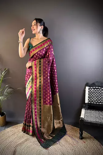 Elora soft silk butti zari weaving work banarasi saree(magenta)