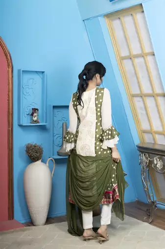 Cream embroidered georgette stitched a line trouser kurta & dupatta 