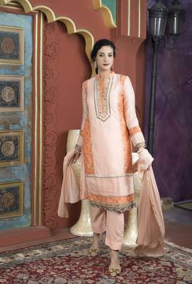 Light-peach embroidered chanderi stitched straight cut trouser kurta & dupatta  1