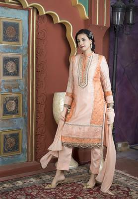 Light-peach embroidered chanderi stitched straight cut trouser kurta & dupatta  2