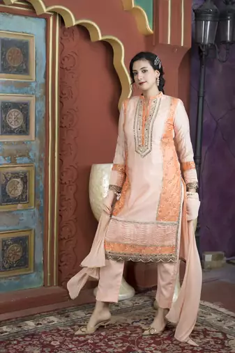 Light-peach embroidered chanderi stitched straight cut trouser kurta & dupatta 