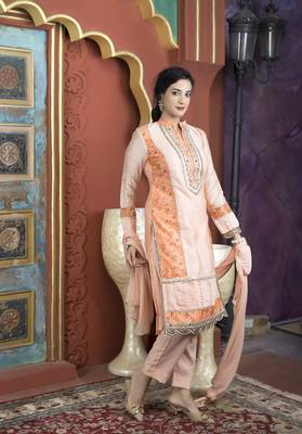Light-peach embroidered chanderi stitched straight cut trouser kurta & dupatta  3