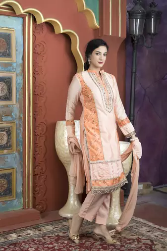 Light-peach embroidered chanderi stitched straight cut trouser kurta & dupatta 