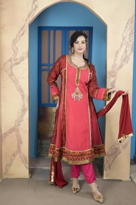 Light-pink embroidered chanderi silk stitched a line trouser kurta & dupatta  1