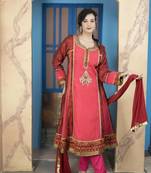 Light-pink embroidered chanderi silk stitched a line trouser kurta & dupatta 