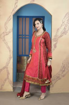 Light-pink embroidered chanderi silk stitched a line trouser kurta & dupatta  2