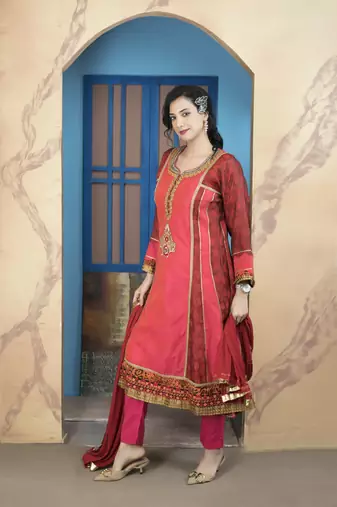 Light-pink embroidered chanderi silk stitched a line trouser kurta & dupatta 