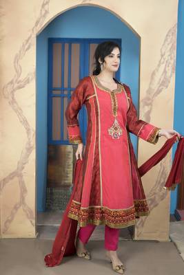 Light-pink embroidered chanderi silk stitched a line trouser kurta & dupatta  3
